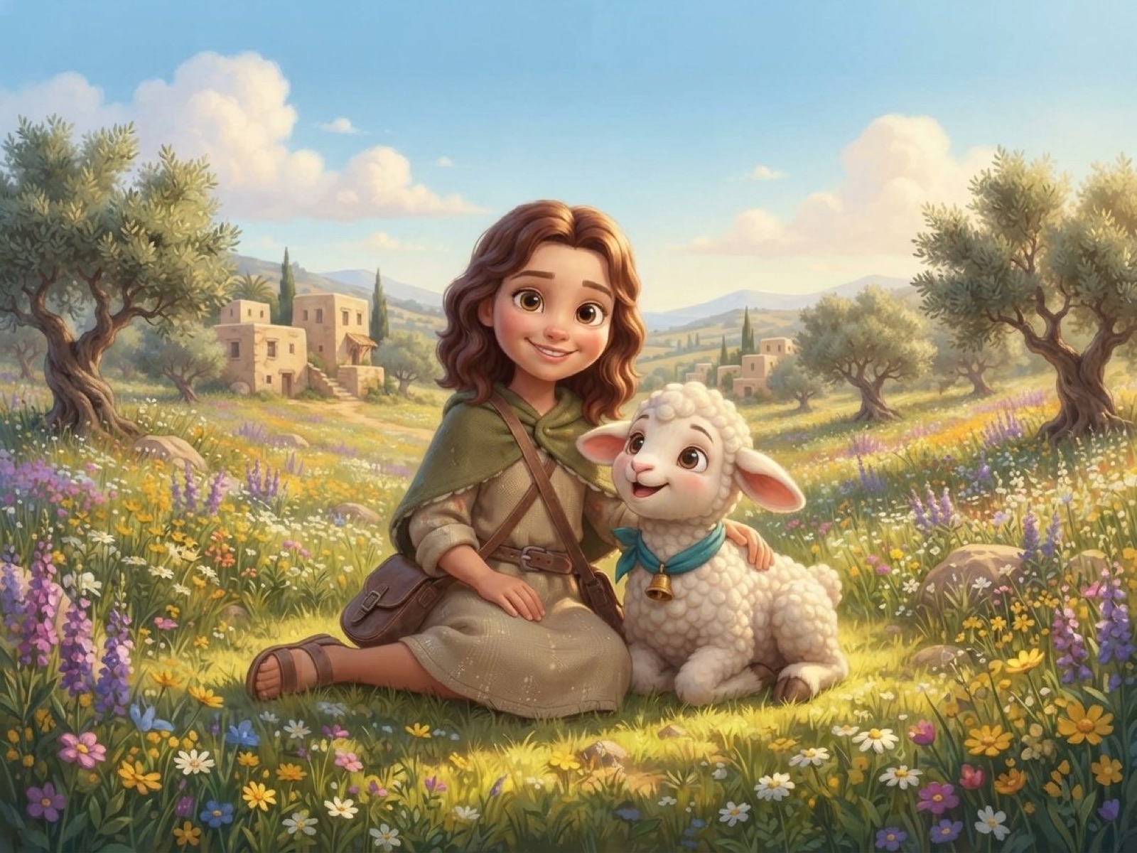 An explorer resting with Pip the Lamb in a field of flowers